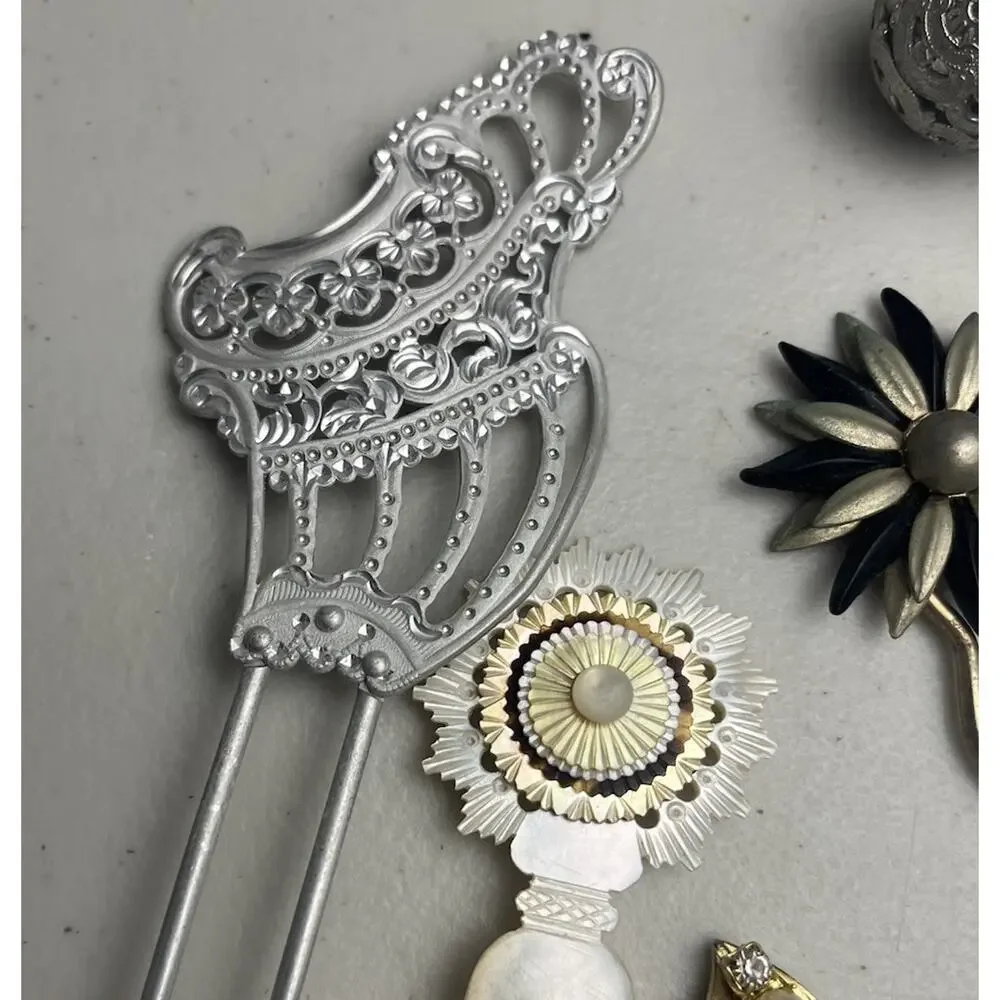 Hair Pin Stick Lot Victorian Style Filigree Ball Flower Mother Of Pearl 6 Pieces